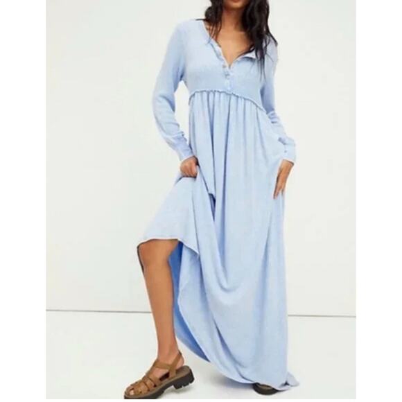 Free People Marissa Henley Waffle Knit Maxi Dress in Blue Size Small NWT - Picture 1 of 2
